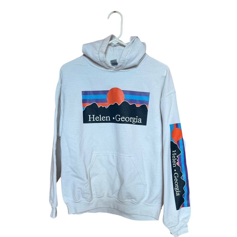 Gildan Helen Georgia Souvenir Hoodie White Graphic Mountain Pullover Medium